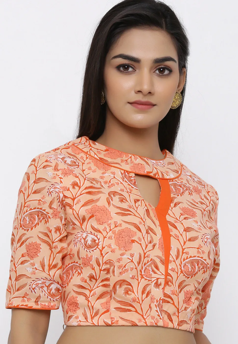 Block Printed Cotton Blouse in Peach