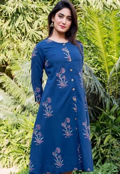 Block Printed Cotton Button Down Kurta in Dark Blue