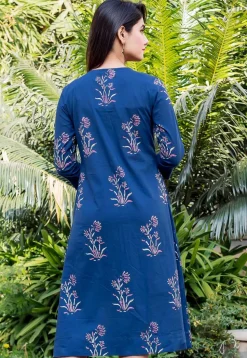Block Printed Cotton Button Down Kurta in Dark Blue