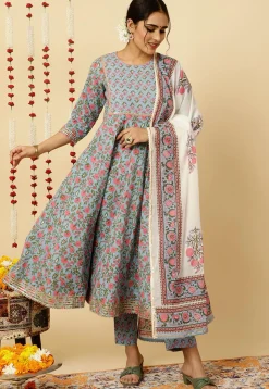 Block Printed Cotton Cambric Anarkali Suit in Light Blue