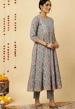 Block Printed Cotton Cambric Anarkali Suit in Light Blue