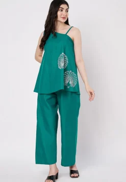 Block Printed Cotton Co Ord Set in Teal Green