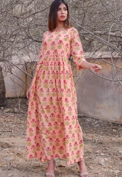Block Printed Cotton Dress in Peach