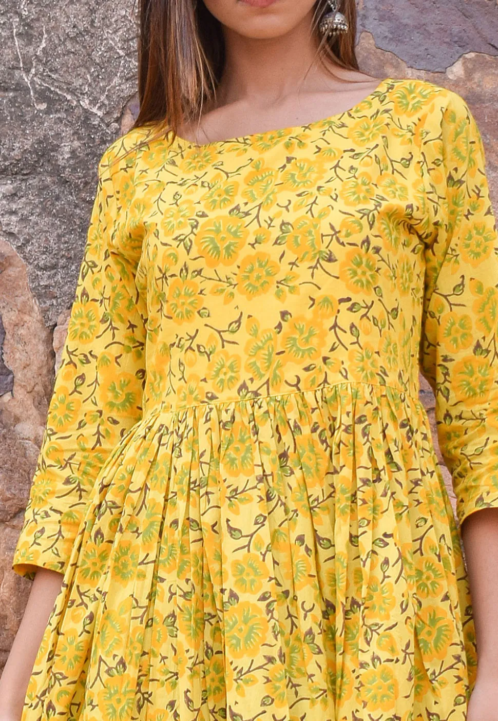 Block Printed Cotton Dress in Yellow