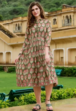 Block Printed Cotton Fit N Flare Dress in Olive Green
