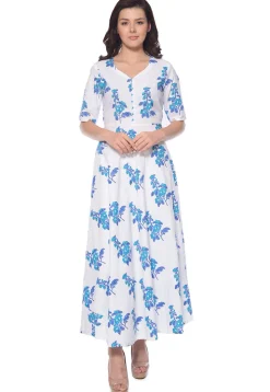 Block Printed Cotton Flared Kurta in White