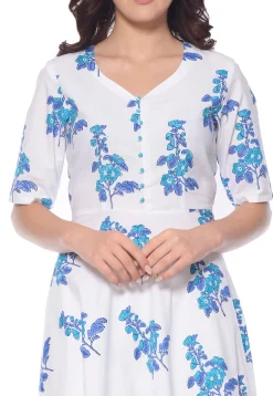 Block Printed Cotton Flared Kurta in White