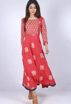 Block Printed Cotton Flared Kurta in Red