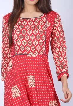 Block Printed Cotton Flared Kurta in Red