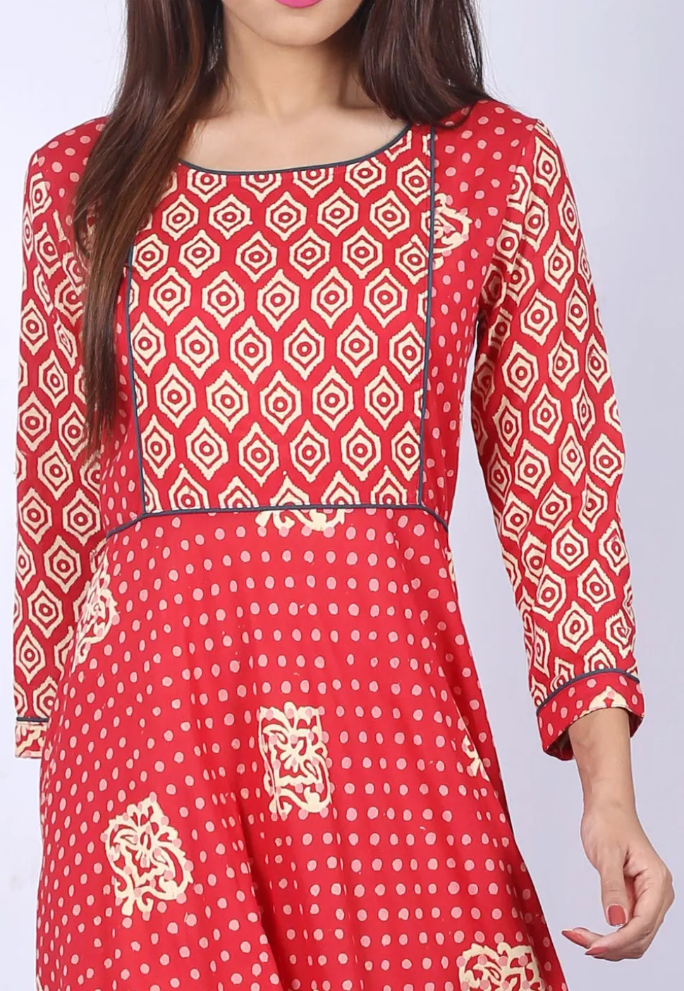 Block Printed Cotton Flared Kurta in Red