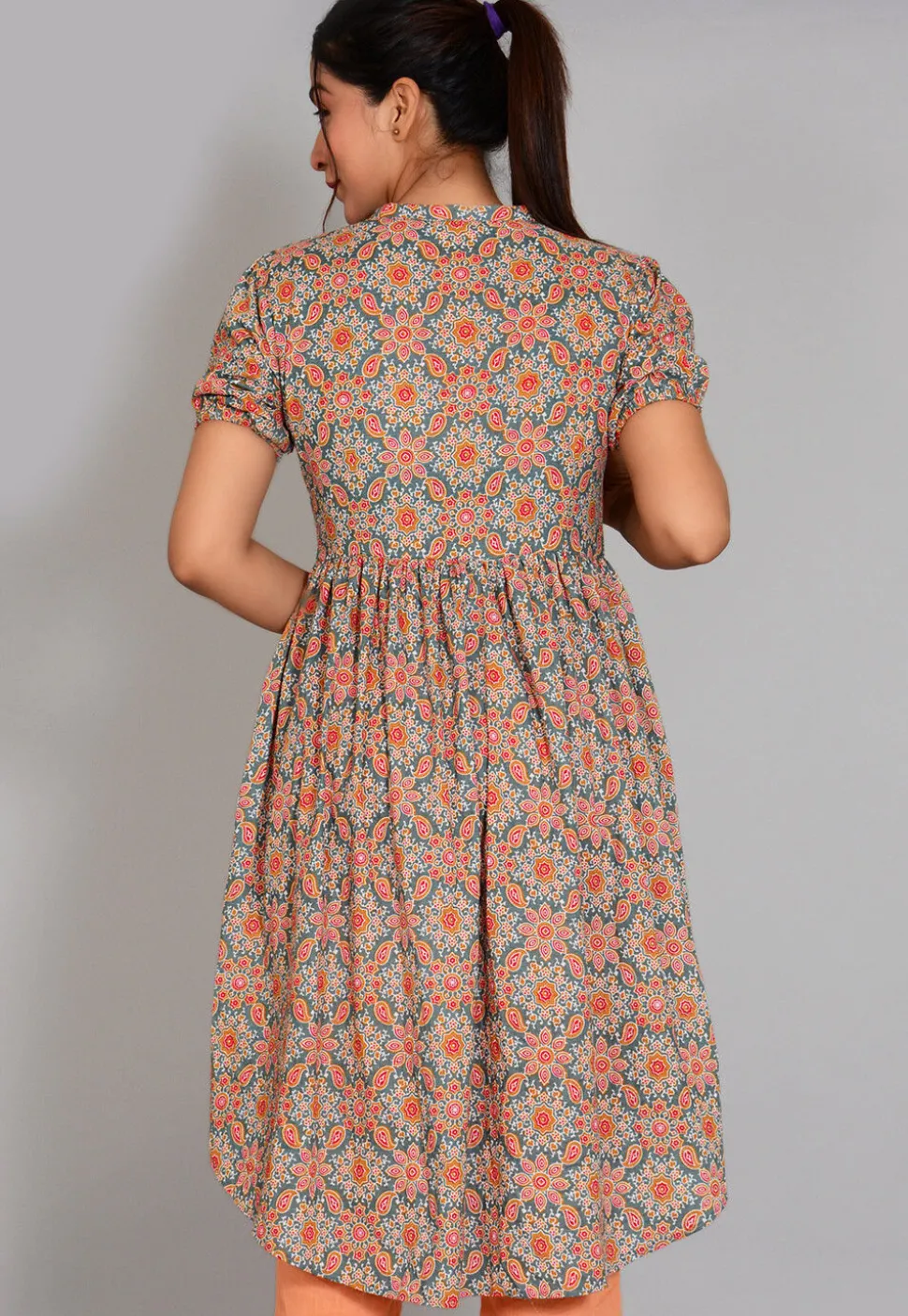 Block Printed Cotton High Low Tunic in Grey