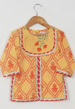 Block Printed Cotton Jacket Style Pakistani Suit in Light Yellow