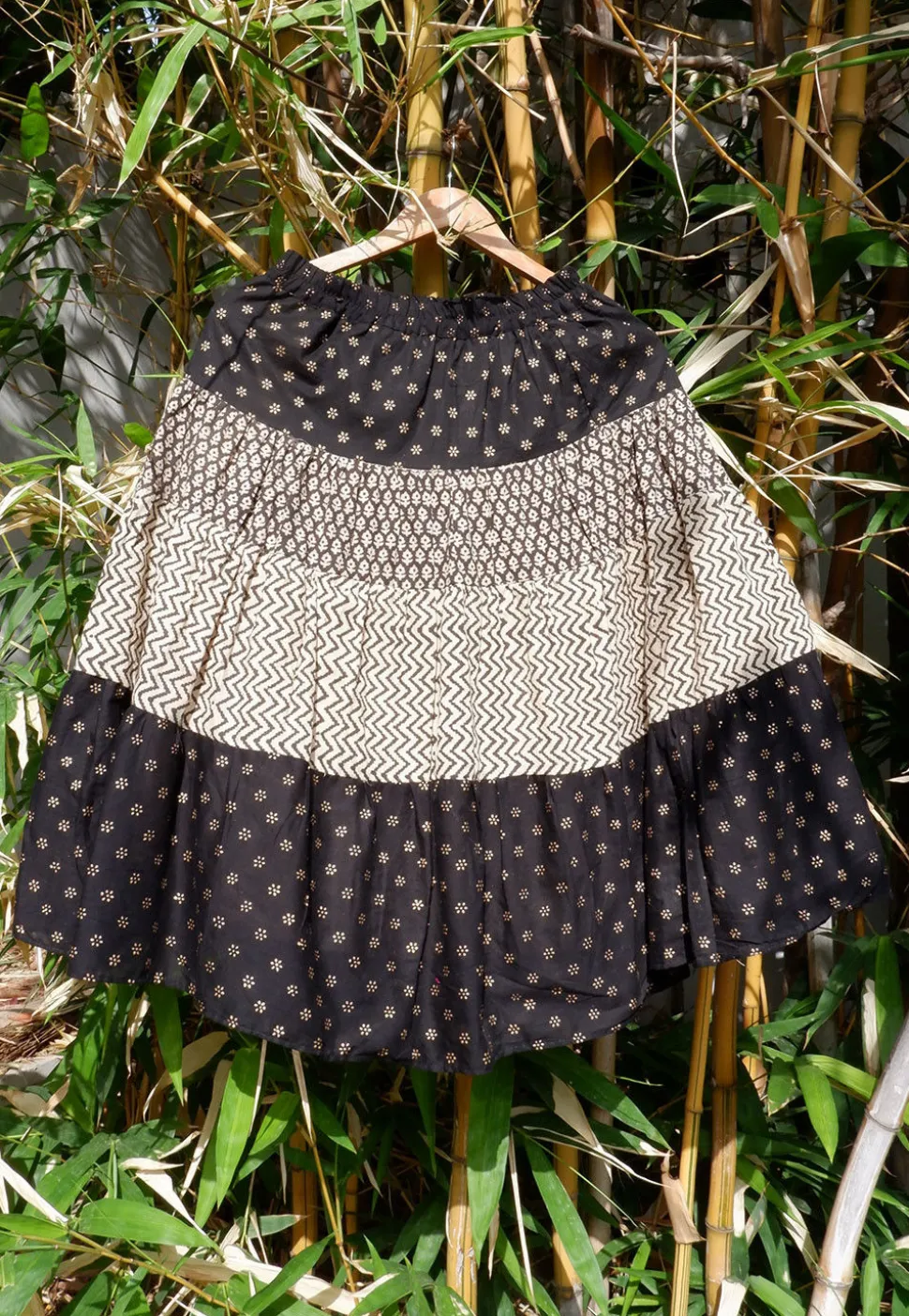 Block Printed Cotton Kids Tiered Skirt in Black and Beige