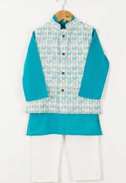 Block Printed Cotton Kurta Set in Turquoise and White