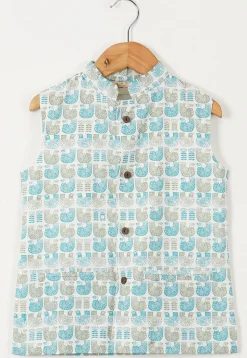 Block Printed Cotton Kurta Set in Turquoise and White