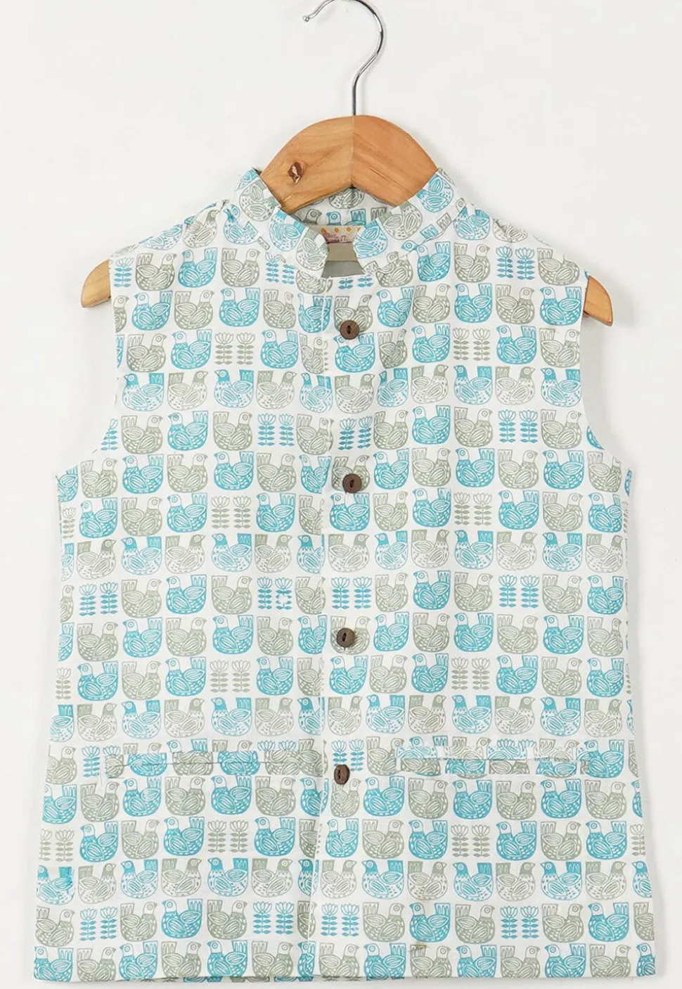Block Printed Cotton Kurta Set in Turquoise and White