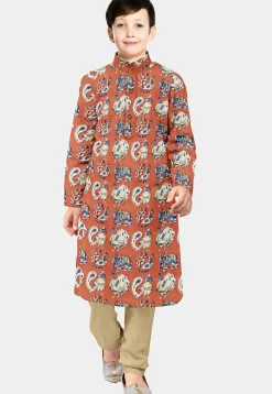 Block Printed Cotton Kurta Set in Rust
