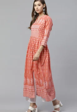 Block Printed Cotton Kurta in Peach