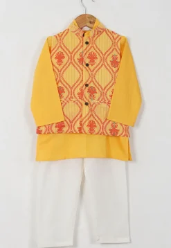Block Printed Cotton Kurta Set in Light Yellow