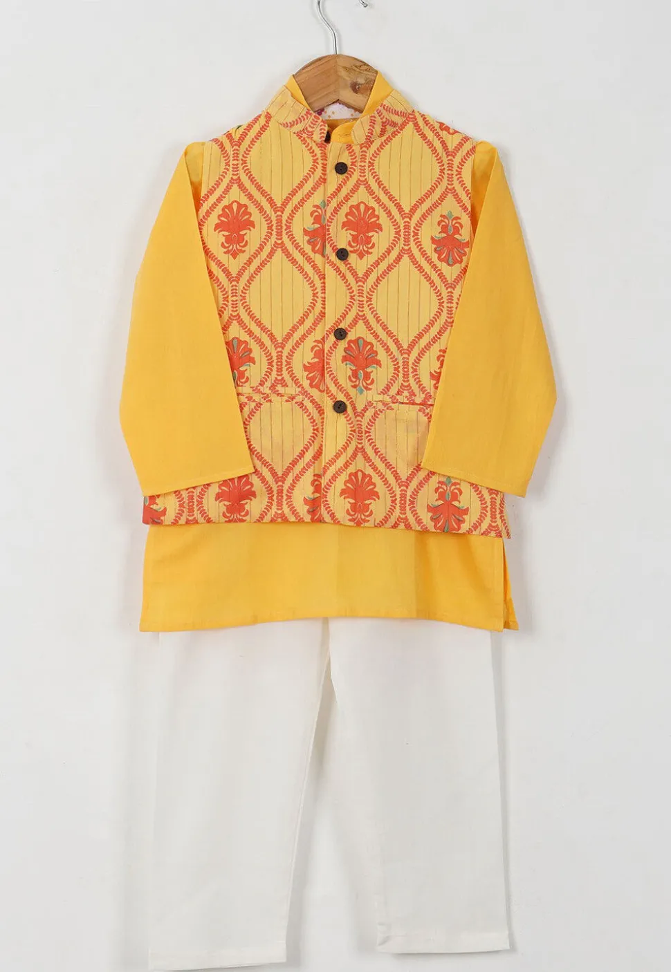 Block Printed Cotton Kurta Set in Light Yellow