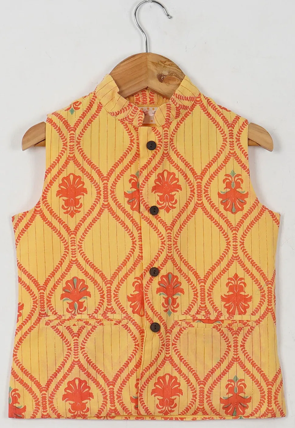 Block Printed Cotton Kurta Set in Light Yellow