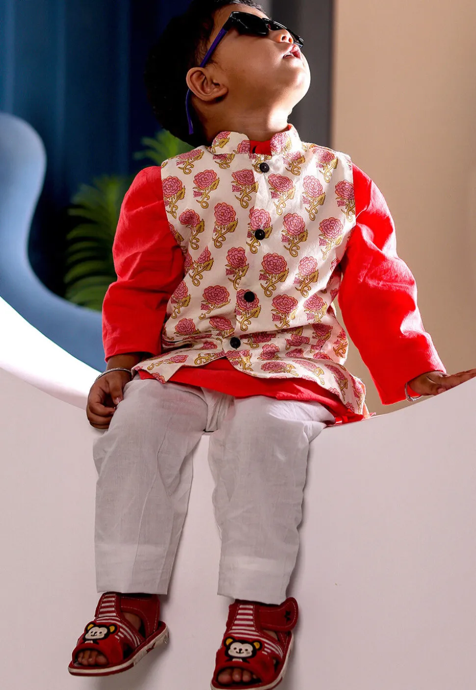 Block Printed Cotton Kurta Set in Dark Peach and Off White
