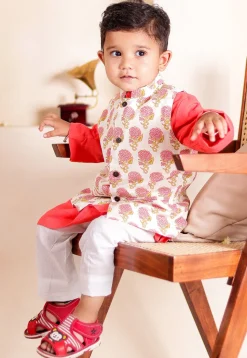 Block Printed Cotton Kurta Set in Dark Peach and Off White