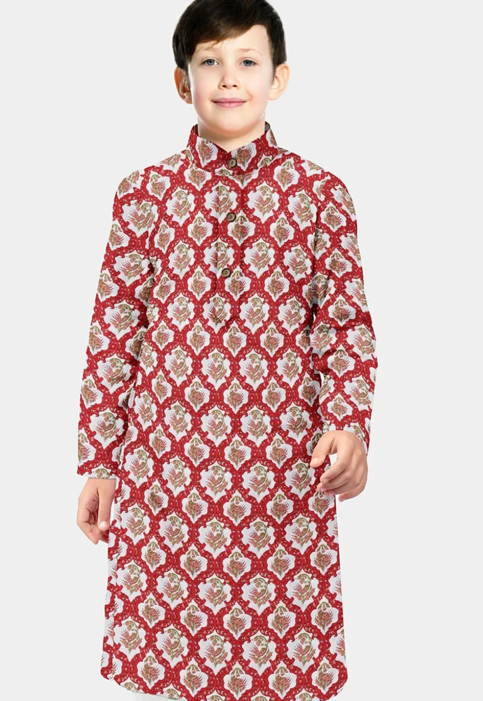 Block Printed Cotton Kurta in Dark Pink and Cream