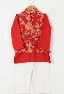 Block Printed Cotton Kurta Set in Red