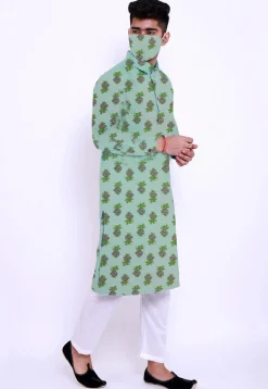 Block Printed Cotton Kurta Set in See Green