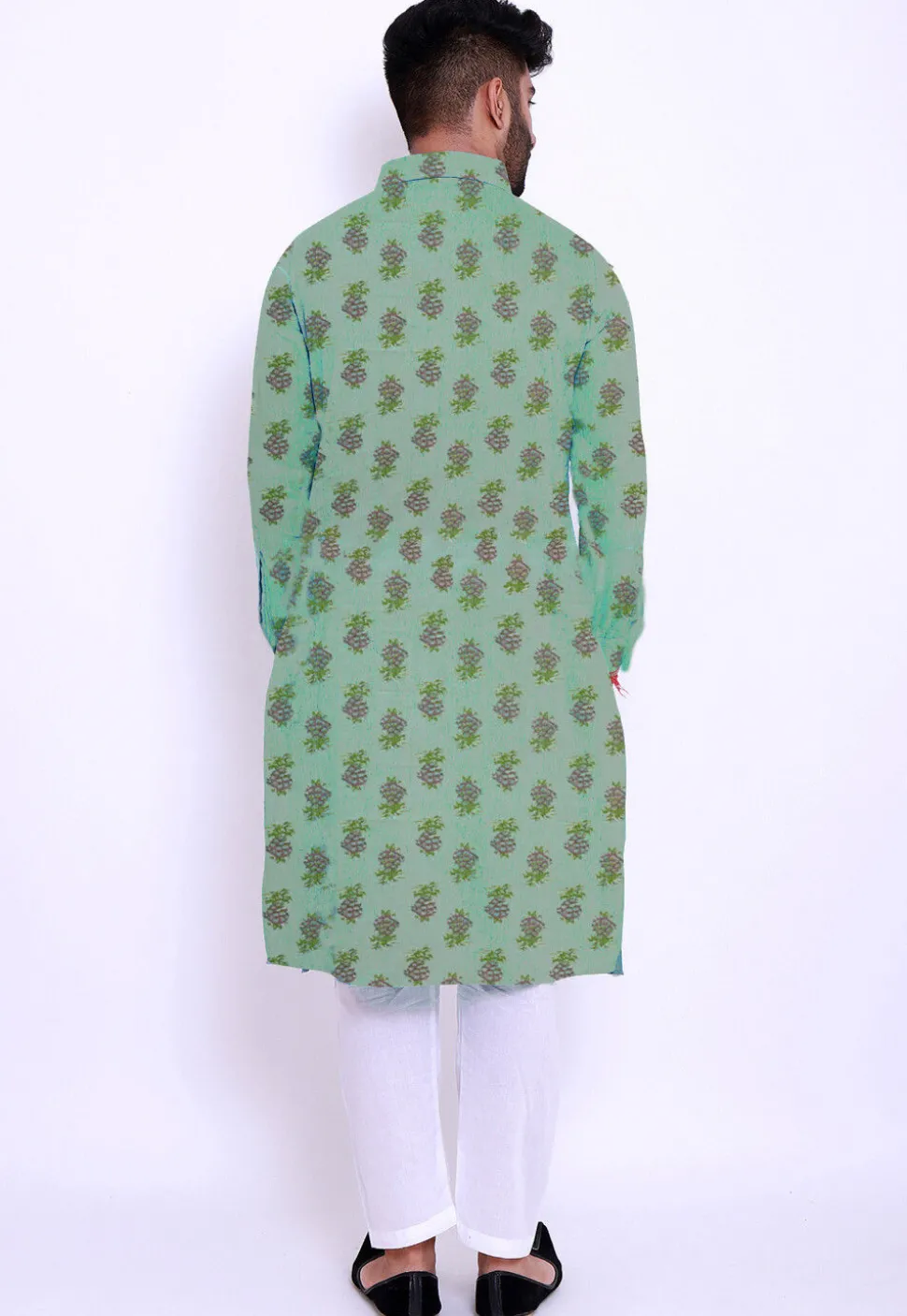 Block Printed Cotton Kurta Set in See Green