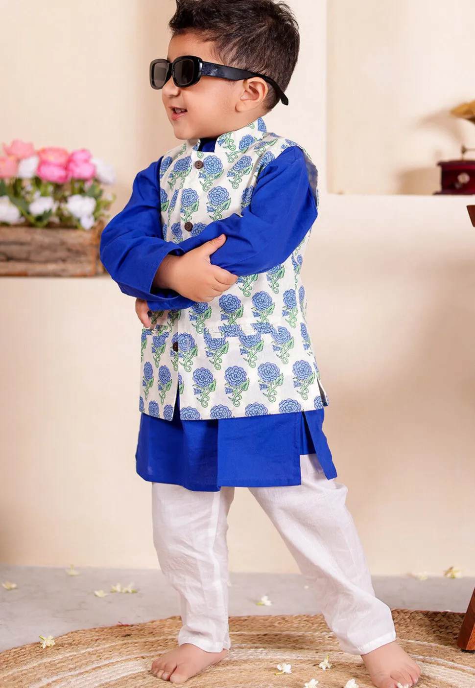 Block Printed Cotton Kurta Set in Royal Blue and Off White