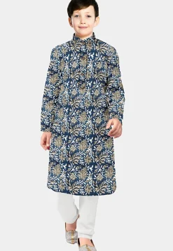 Block Printed Cotton Kurta Set in Indigo Blue