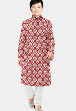 Block Printed Cotton Kurta Set in Dark Pink and Cream