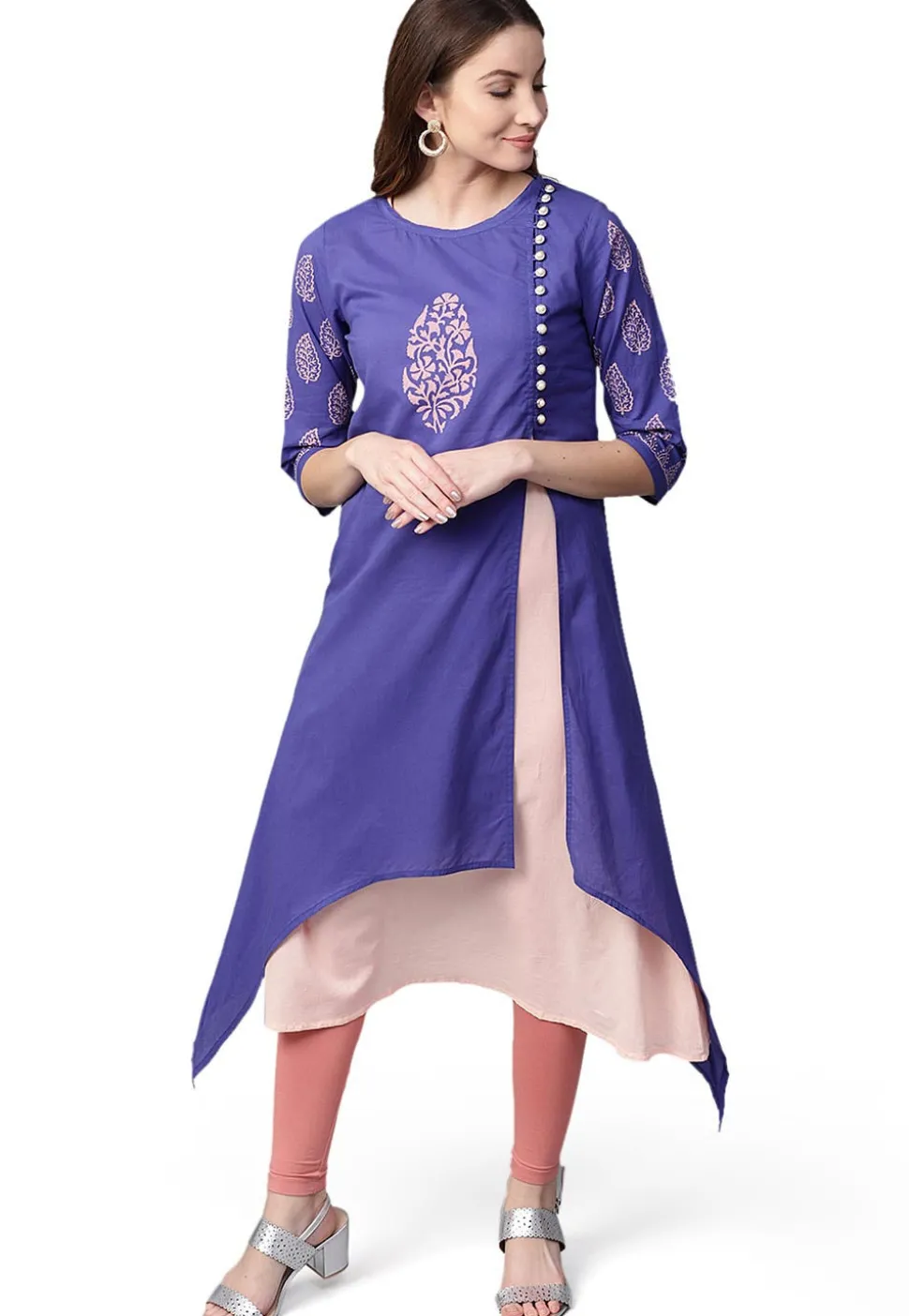 Block Printed Cotton Layered Kurta in Indigo Blue and Peach