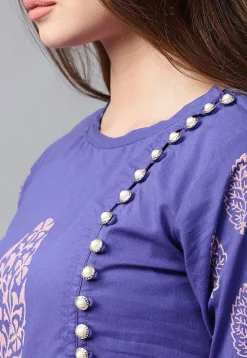Block Printed Cotton Layered Kurta in Indigo Blue and Peach