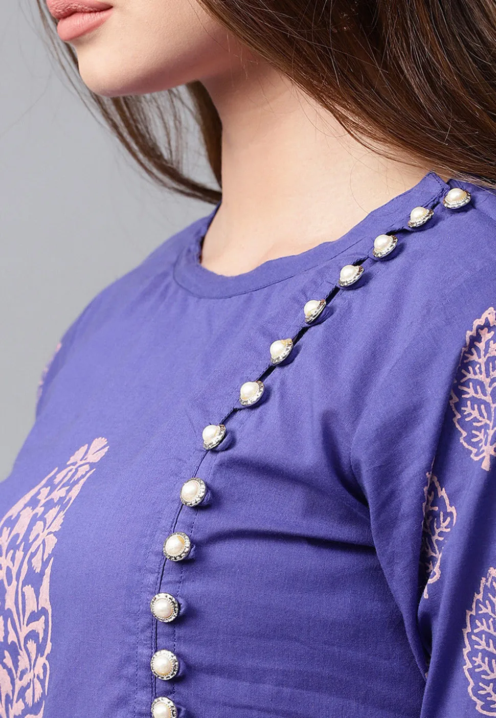 Block Printed Cotton Layered Kurta in Indigo Blue and Peach