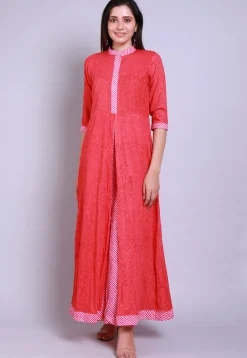 Block Printed Cotton Layered Kurta in Coral Pink
