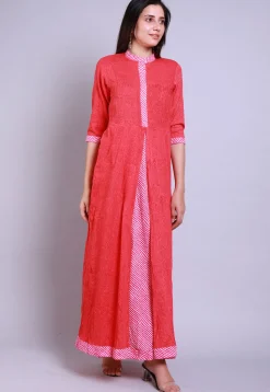 Block Printed Cotton Layered Kurta in Coral Pink