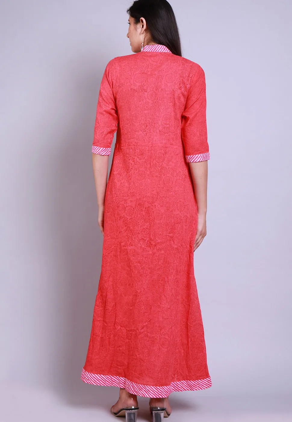 Block Printed Cotton Layered Kurta in Coral Pink