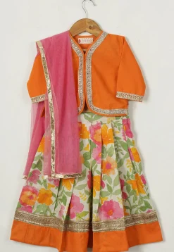 Block Printed Cotton Lehenga in Orange