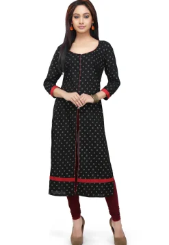 Block Printed Cotton Long Kurta in Black