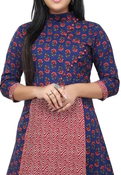 Block Printed Cotton Long Kurta in Blue and Red