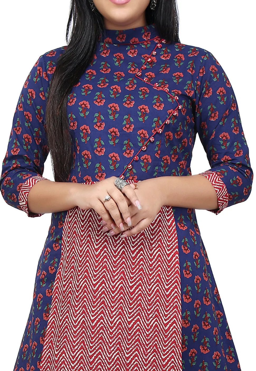 Block Printed Cotton Long Kurta in Blue and Red