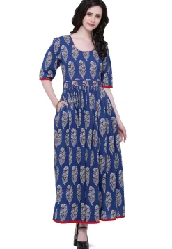 Block Printed Cotton Long Kurta in Royal Blue