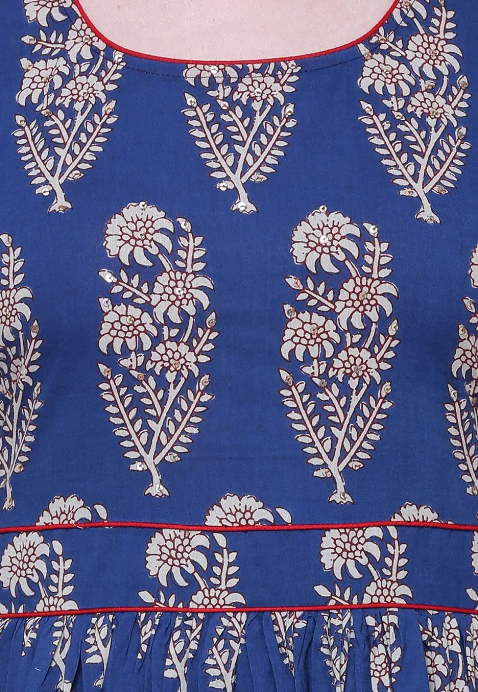 Block Printed Cotton Long Kurta in Royal Blue