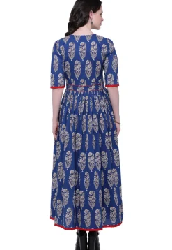 Block Printed Cotton Long Kurta in Royal Blue