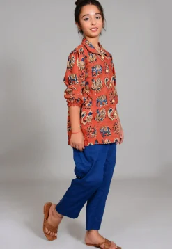 Block Printed Cotton Long Top Set in Rust
