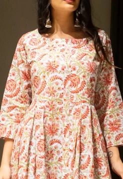 Block Printed Cotton Maxi Dress in White and Red