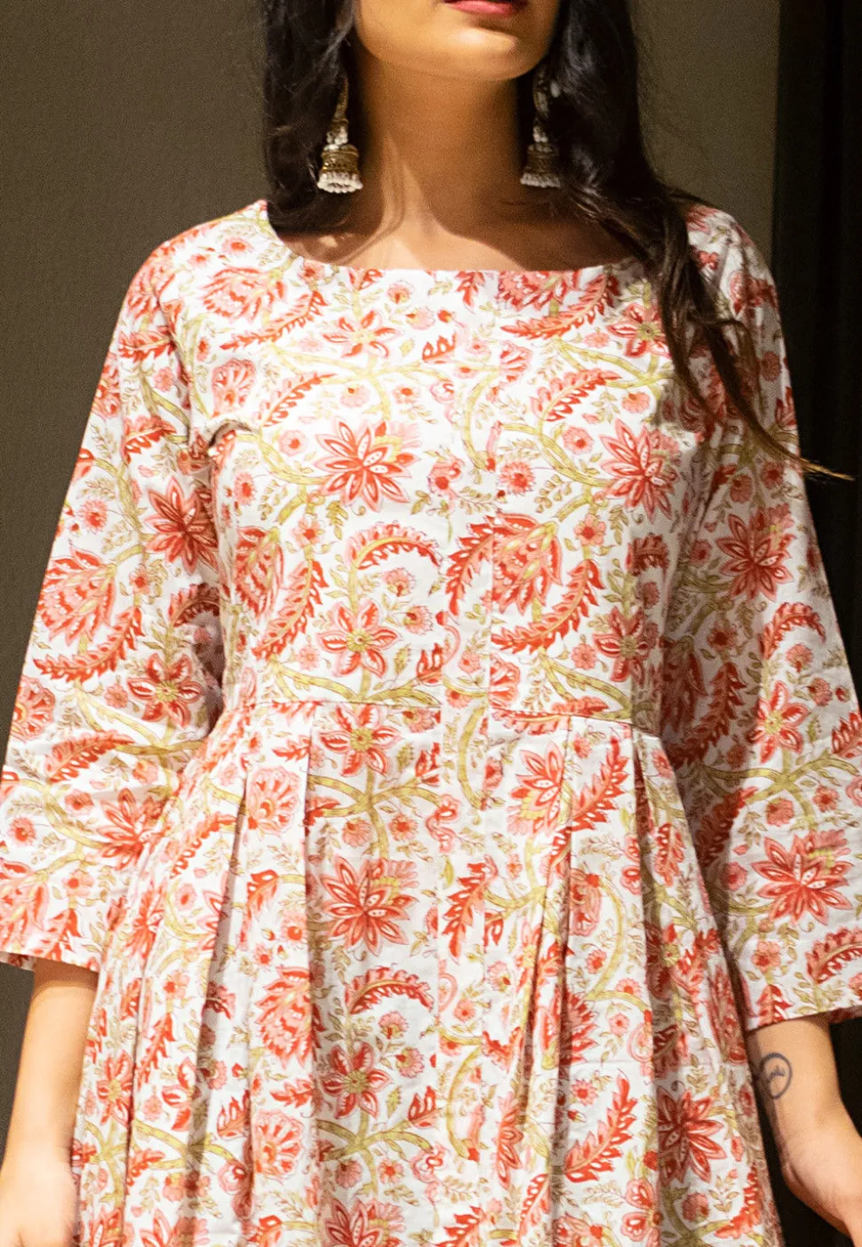 Block Printed Cotton Maxi Dress in White and Red
